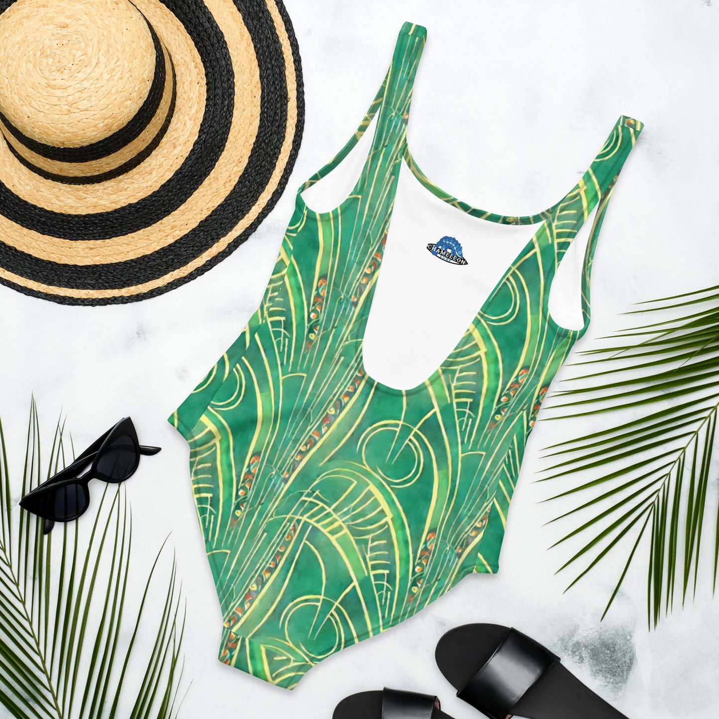 Art Deco Green Fern One-Piece Swimsuit