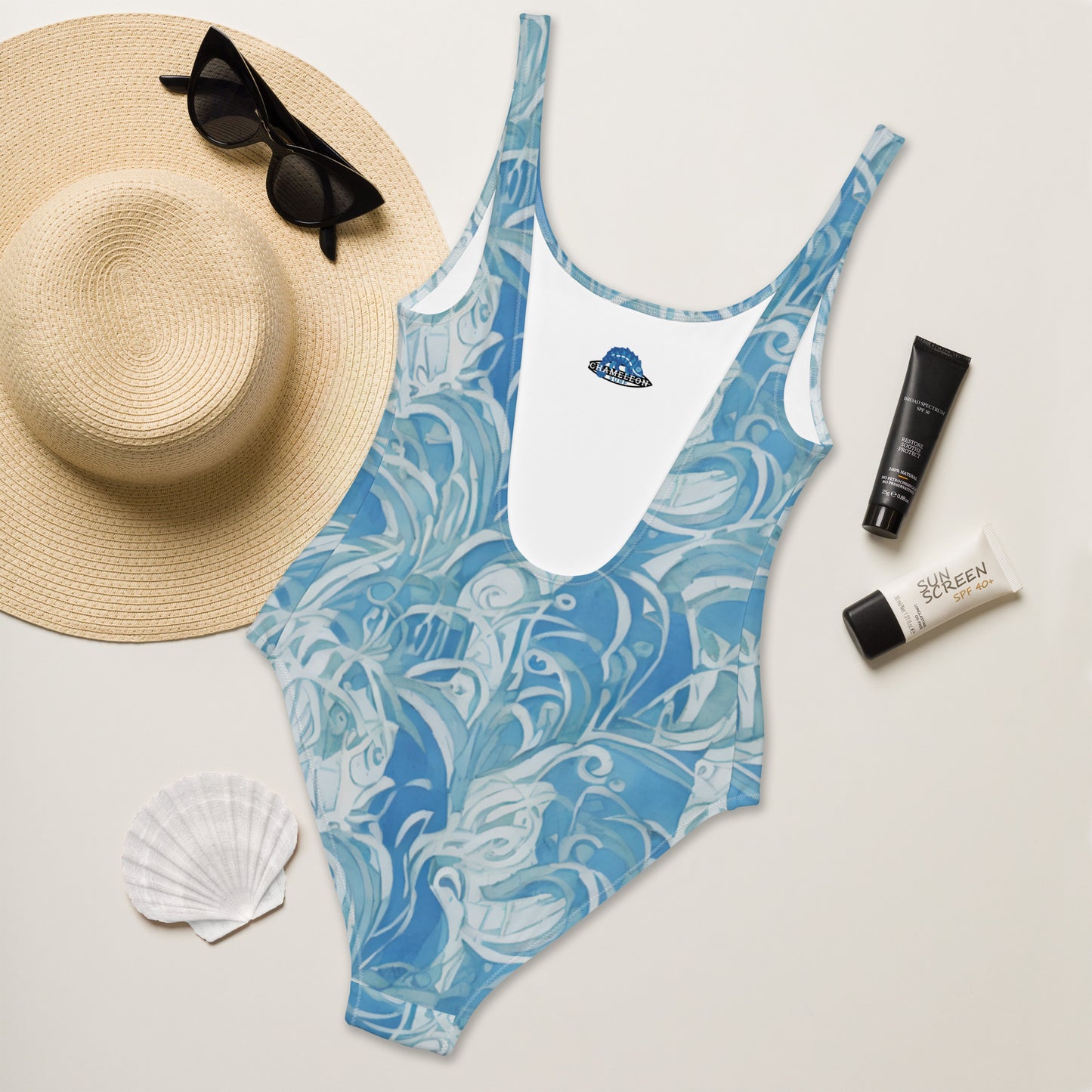 Light Blue Swirl Art Deco One-Piece Swimsuit
