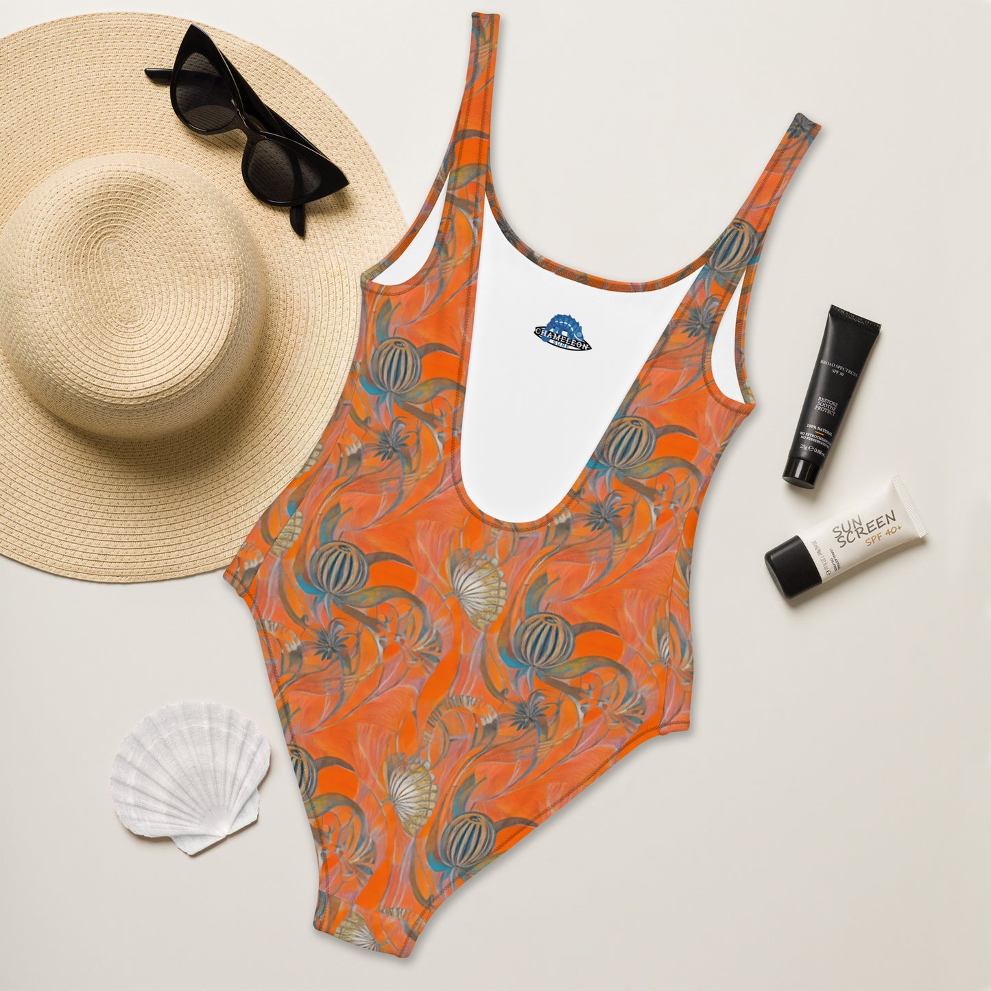 Art Deco Orange Shell One-Piece Swimsuit
