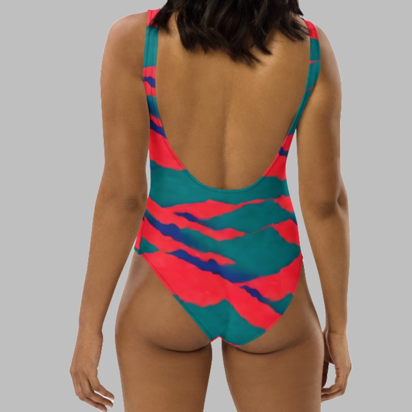 Neon Red Sunset Teal Mountains One-Piece Swimsuit