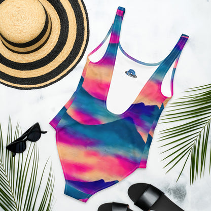 Neon Pink Sunset Blue Mountains One-Piece Swimsuit