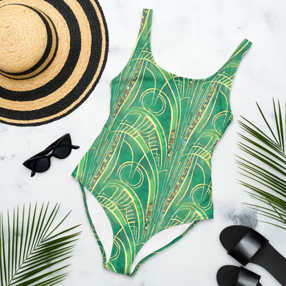 Art Deco Green Fern One-Piece Swimsuit