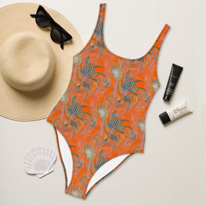 Art Deco Orange Shell One-Piece Swimsuit