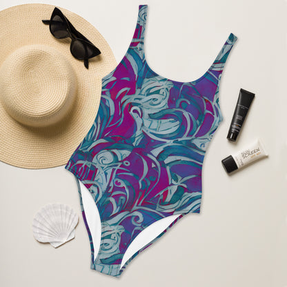 Purple Swirl Art Deco One-Piece Swimsuit