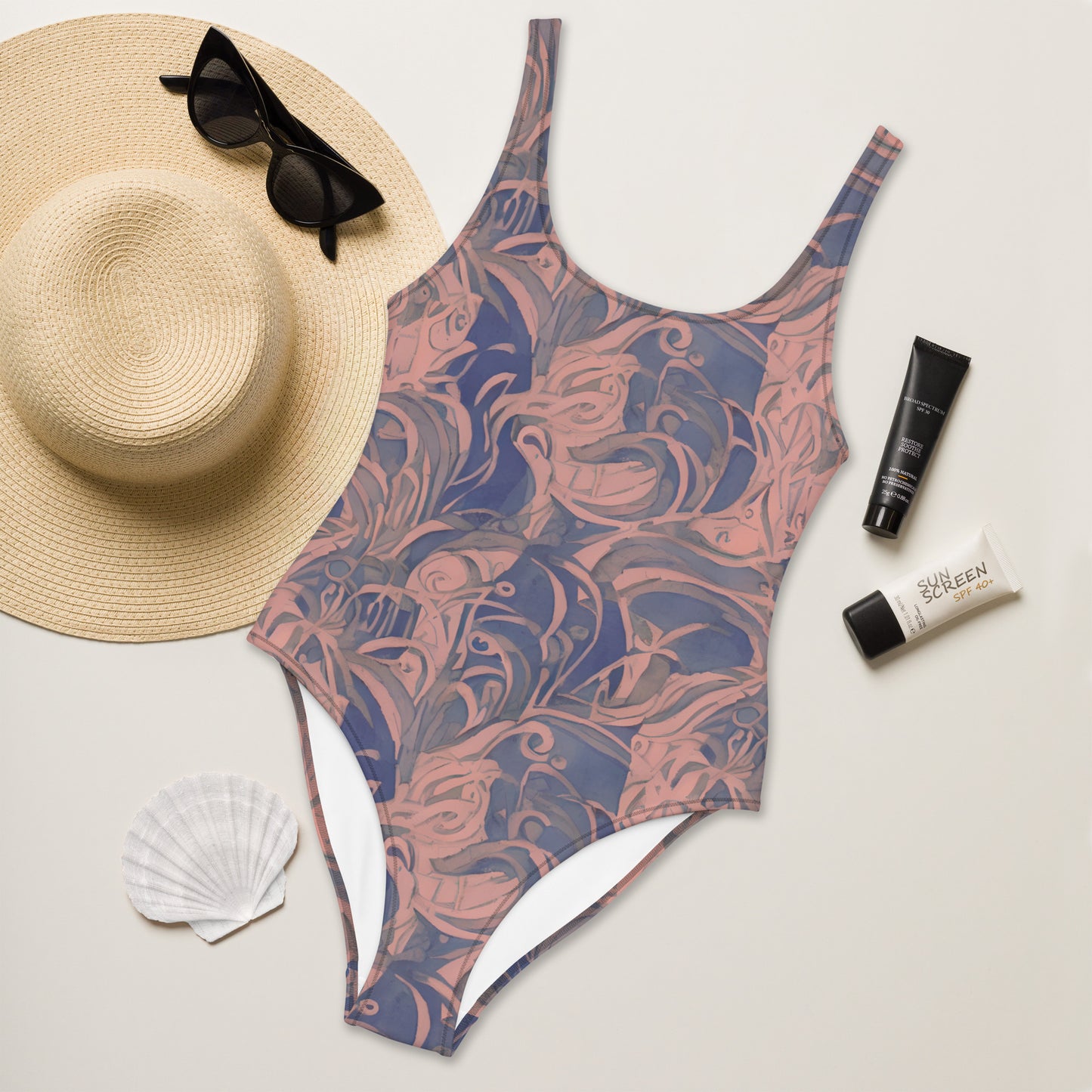 Pink Swirl Art Deco One-Piece Swimsuit