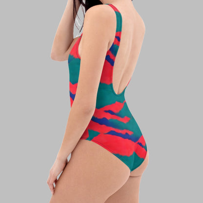 Neon Red Sunset Teal Mountains One-Piece Swimsuit