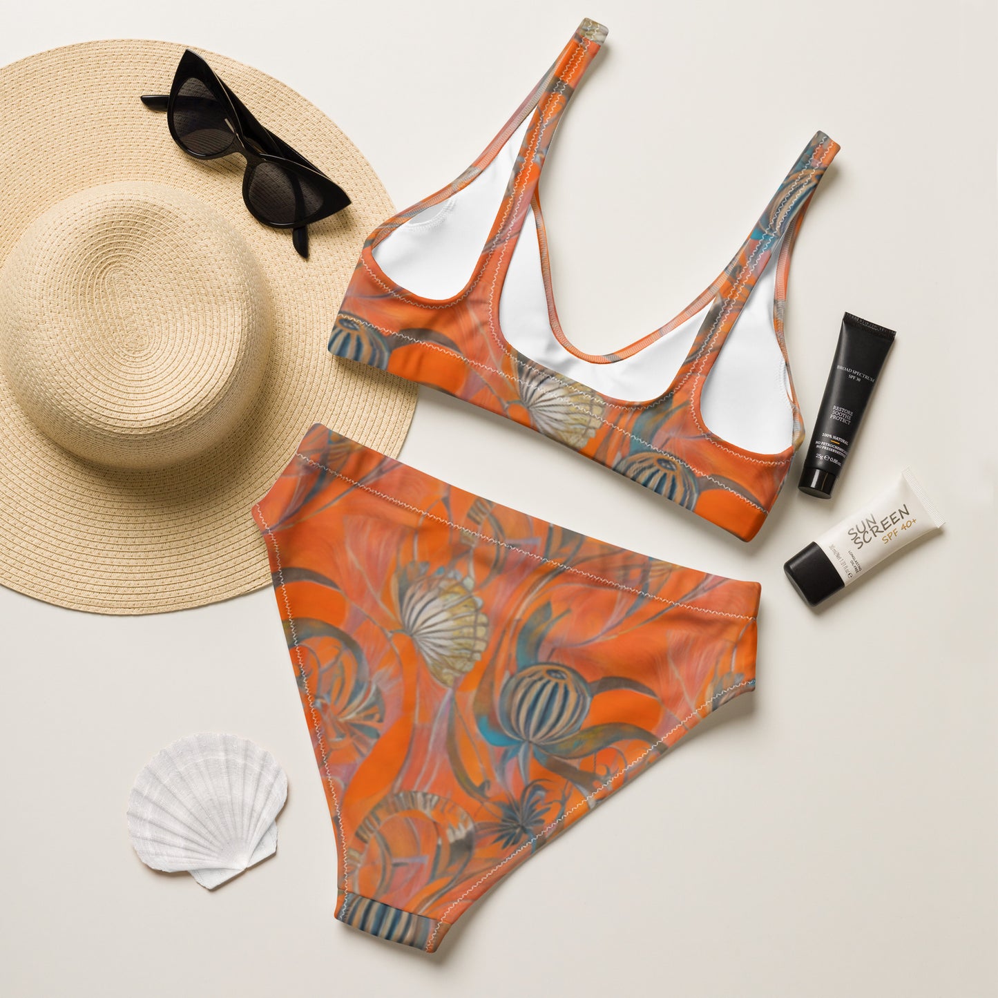 Art Deco Orange Shell High-Waisted Bikini