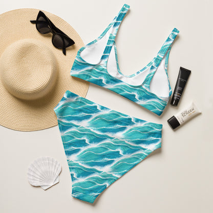 Turquoise White Waves High-Waisted Bikini
