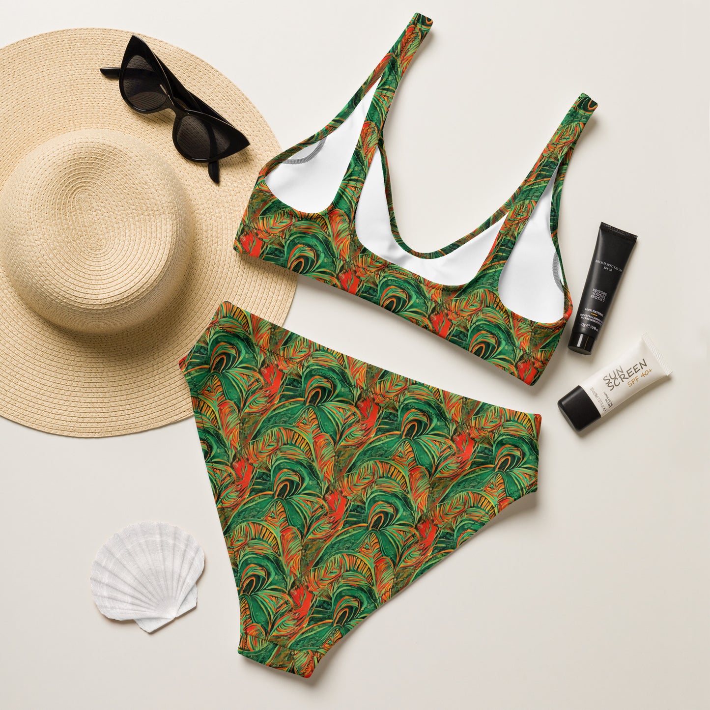 Rain Forest Green Orange High-Waisted Bikini