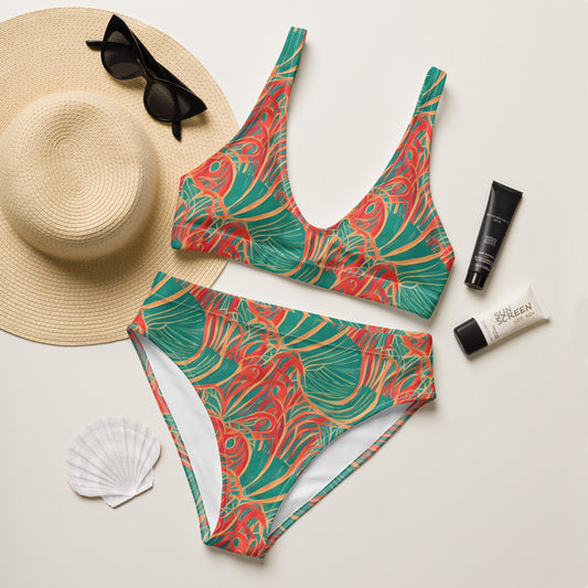 Tropical Plants Green Orange High-Waisted Bikini