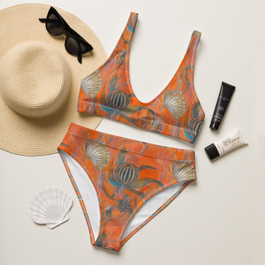 Art Deco Orange Shell High-Waisted Bikini