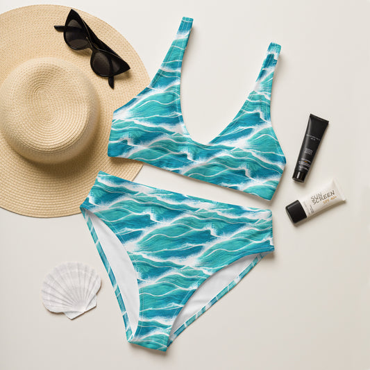 Turquoise White Waves High-Waisted Bikini
