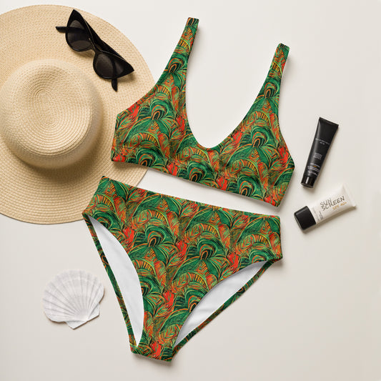Rain Forest Green Orange High-Waisted Bikini
