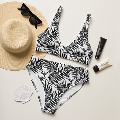 Black Palms White High-Waisted Bikini