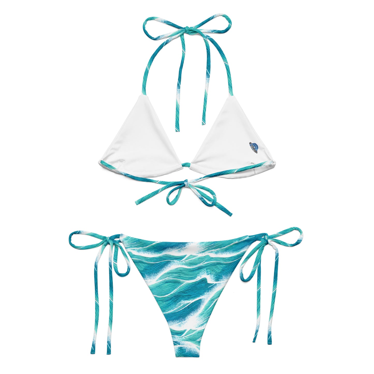 Turquoise White Waves String Bikini