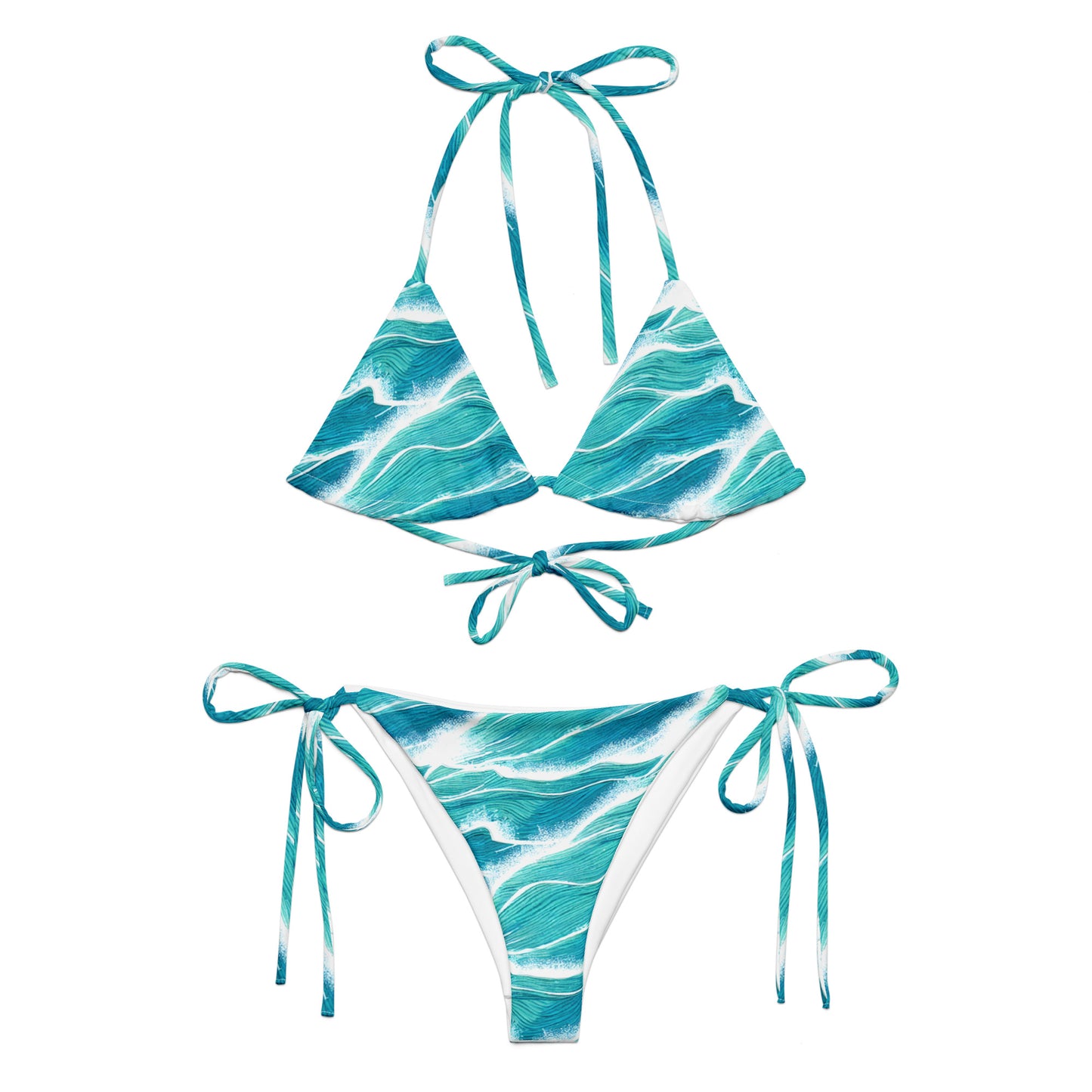 Turquoise White Waves String Bikini