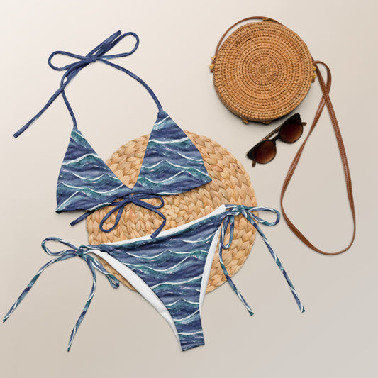 Blue White Waves String Bikini