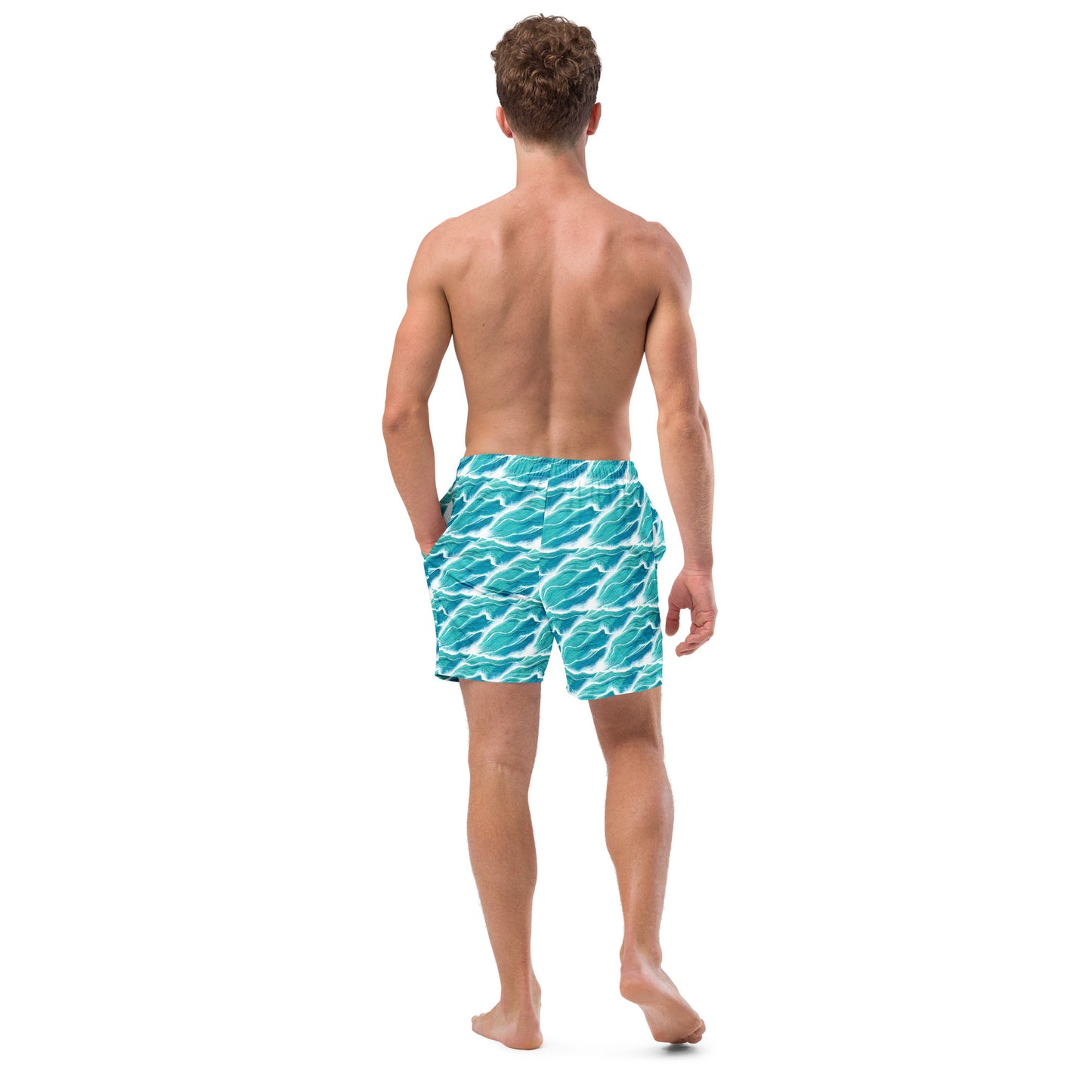 Turquoise White Waves Men's Swim Trunks