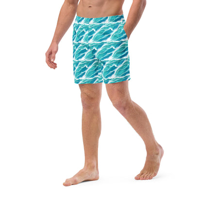 Turquoise White Waves Men's Swim Trunks