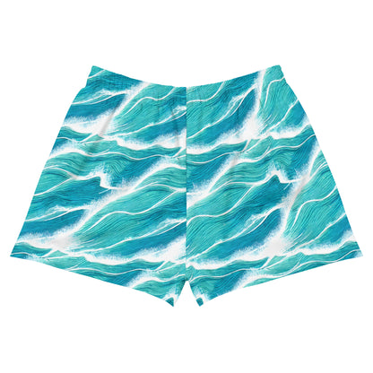 Turquoise White Waves Women’s Athletic Shorts