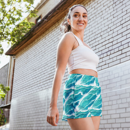 Turquoise White Waves Women’s Athletic Shorts