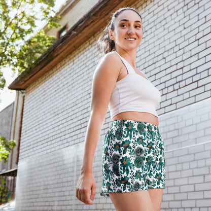 Green Floral White Women’s Athletic Shorts