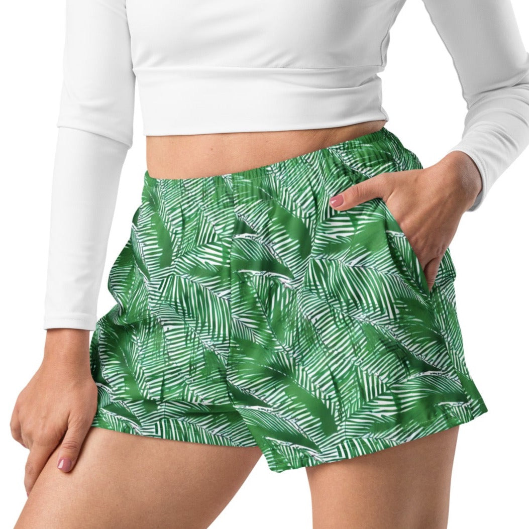 Green White Palm Frond Women’s Athletic Shorts