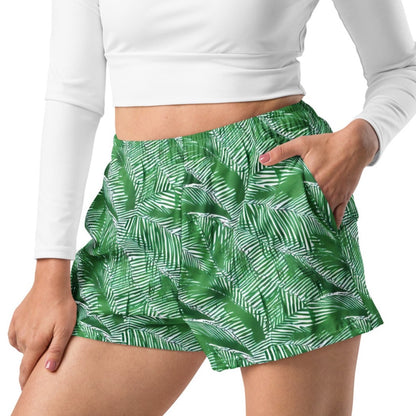Green White Palm Frond Women’s Athletic Shorts