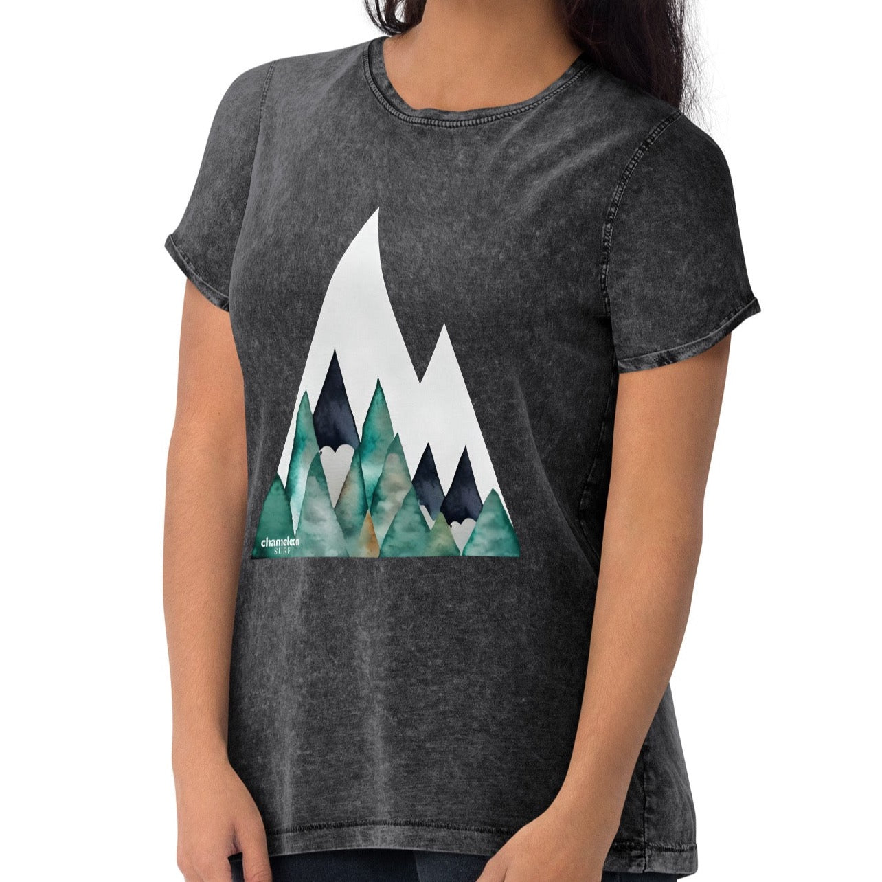 White Peak Green Mountains Acid Wash Denim Women's T-Shirt