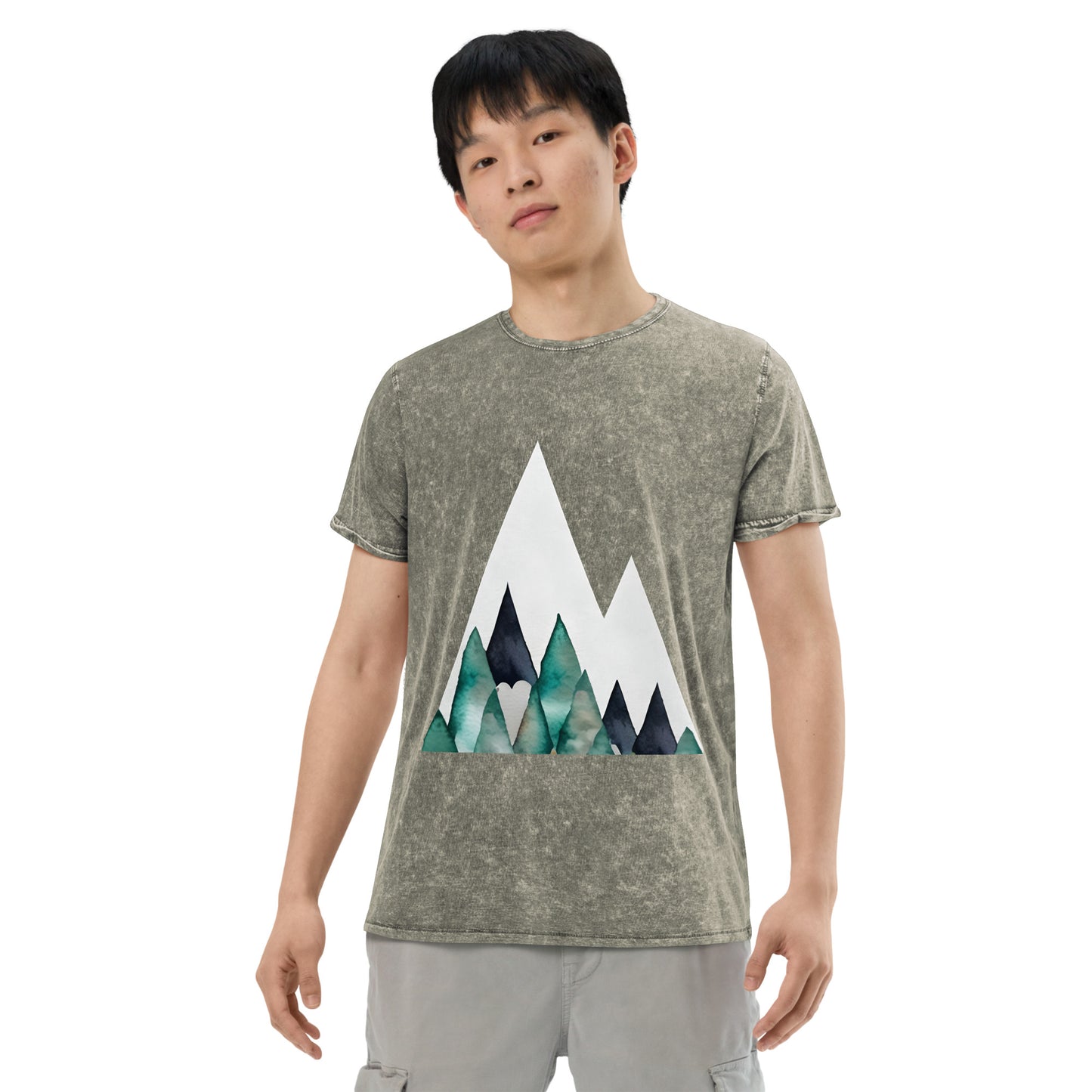 White Peak Green Mountains Acid Wash Denim Men's T-Shirt